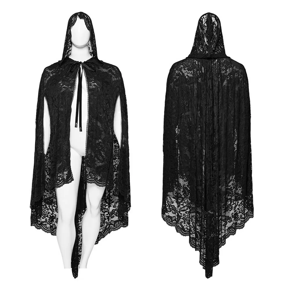 Gothic Lace Hooded Cape with Rose Trim and Velvet Ties