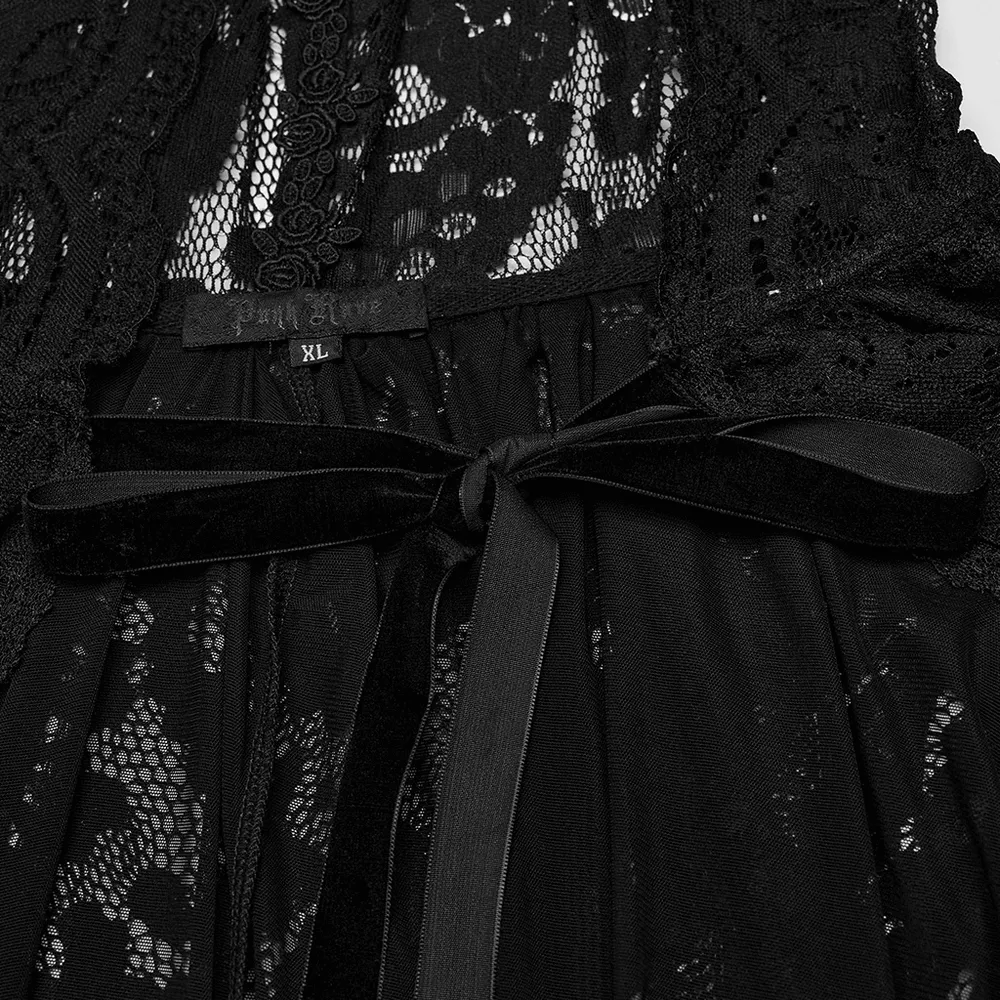 Gothic Lace Hooded Cape with Rose Trim and Velvet Ties