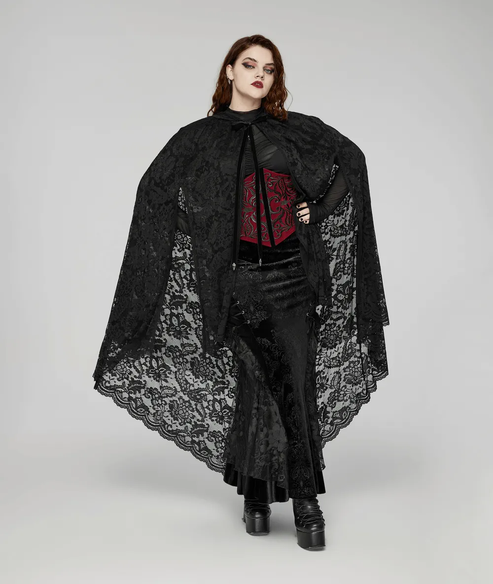 Gothic Lace Hooded Cape with Rose Trim and Velvet Ties