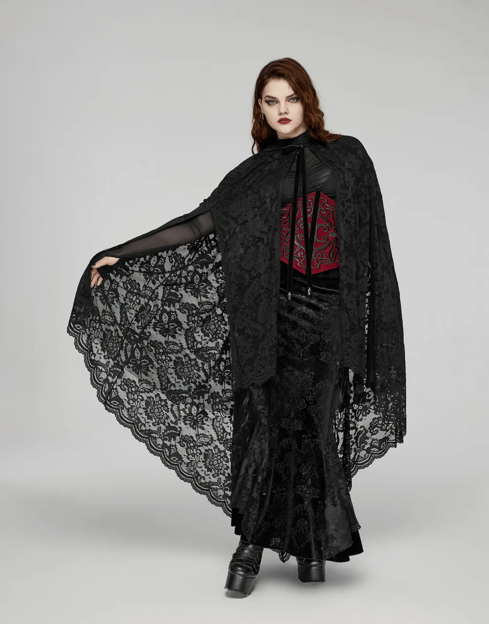 Gothic Lace Hooded Cape with Rose Trim and Velvet Ties