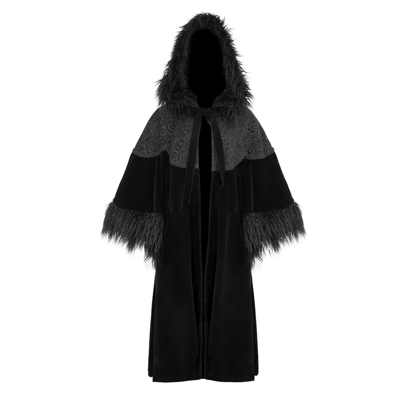 Gothic Velvet Long Cape with Fur Hood / Fashion Wide Sleeves Warm Cape