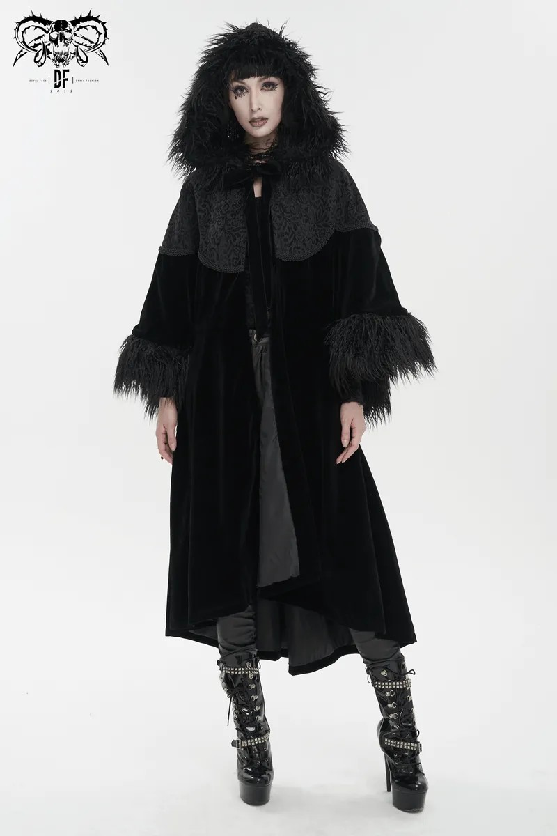 Gothic Velvet Long Cape with Fur Hood / Fashion Wide Sleeves Warm Cape