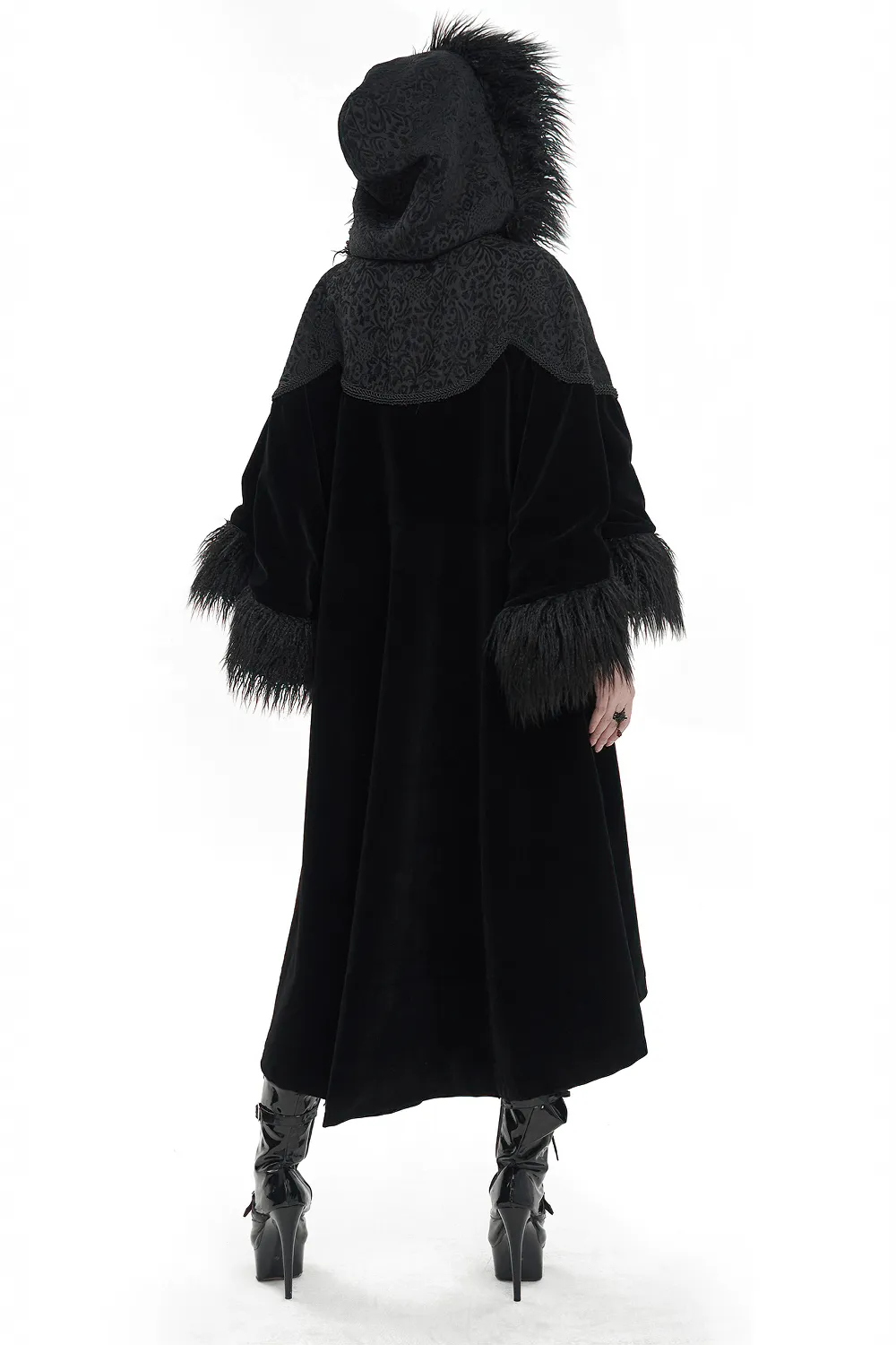 Gothic Velvet Long Cape with Fur Hood / Fashion Wide Sleeves Warm Cape