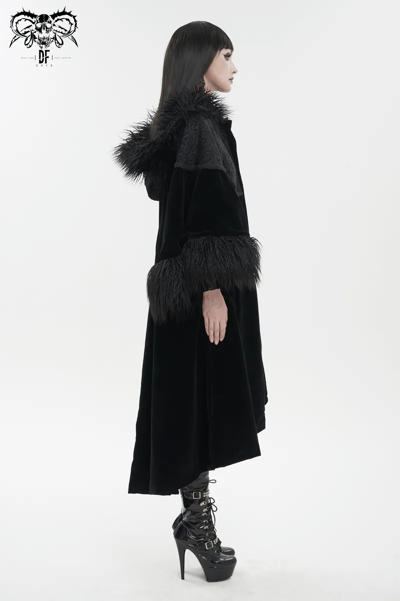 Gothic Velvet Long Cape with Fur Hood / Fashion Wide Sleeves Warm Cape