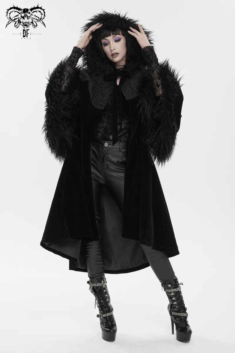 Gothic Velvet Long Cape with Fur Hood / Fashion Wide Sleeves Warm Cape