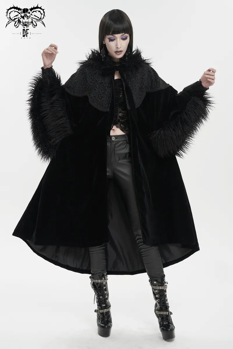 Gothic Velvet Long Cape with Fur Hood / Fashion Wide Sleeves Warm Cape