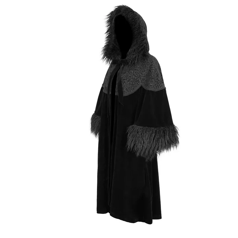 Gothic Velvet Long Cape with Fur Hood / Fashion Wide Sleeves Warm Cape