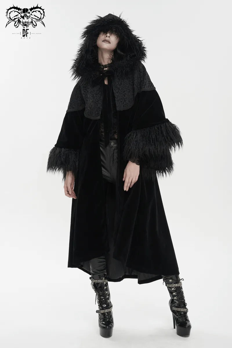 Gothic Velvet Long Cape with Fur Hood / Fashion Wide Sleeves Warm Cape