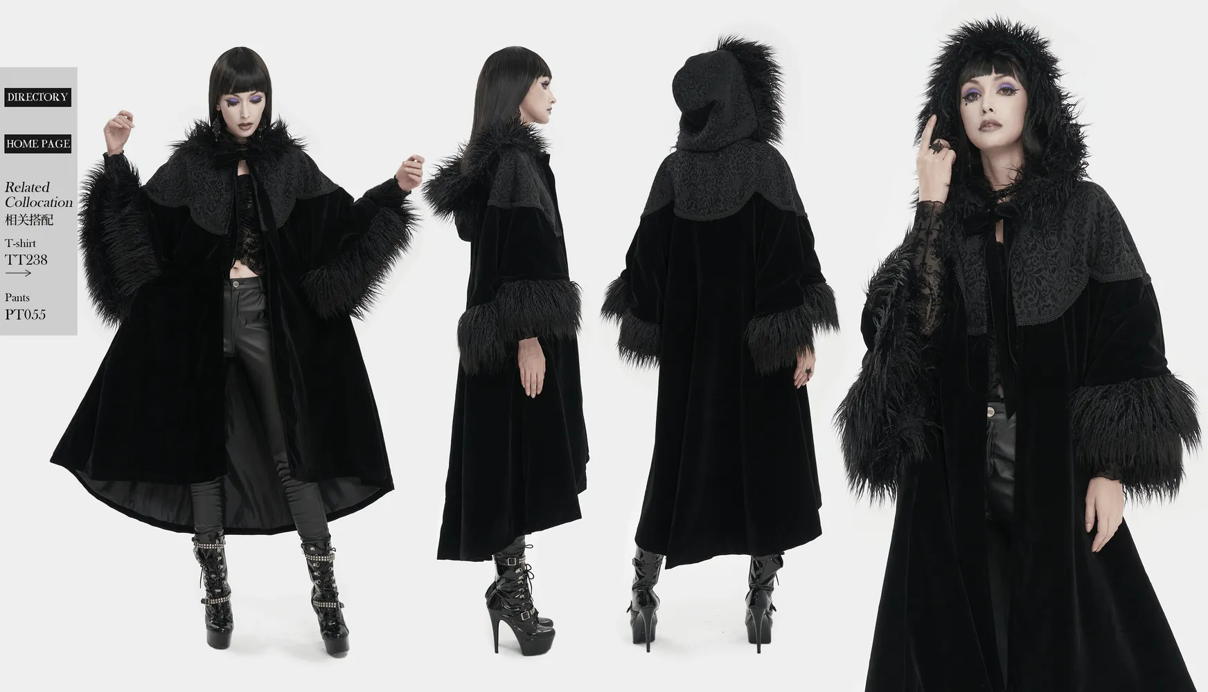 Gothic Velvet Long Cape with Fur Hood / Fashion Wide Sleeves Warm Cape