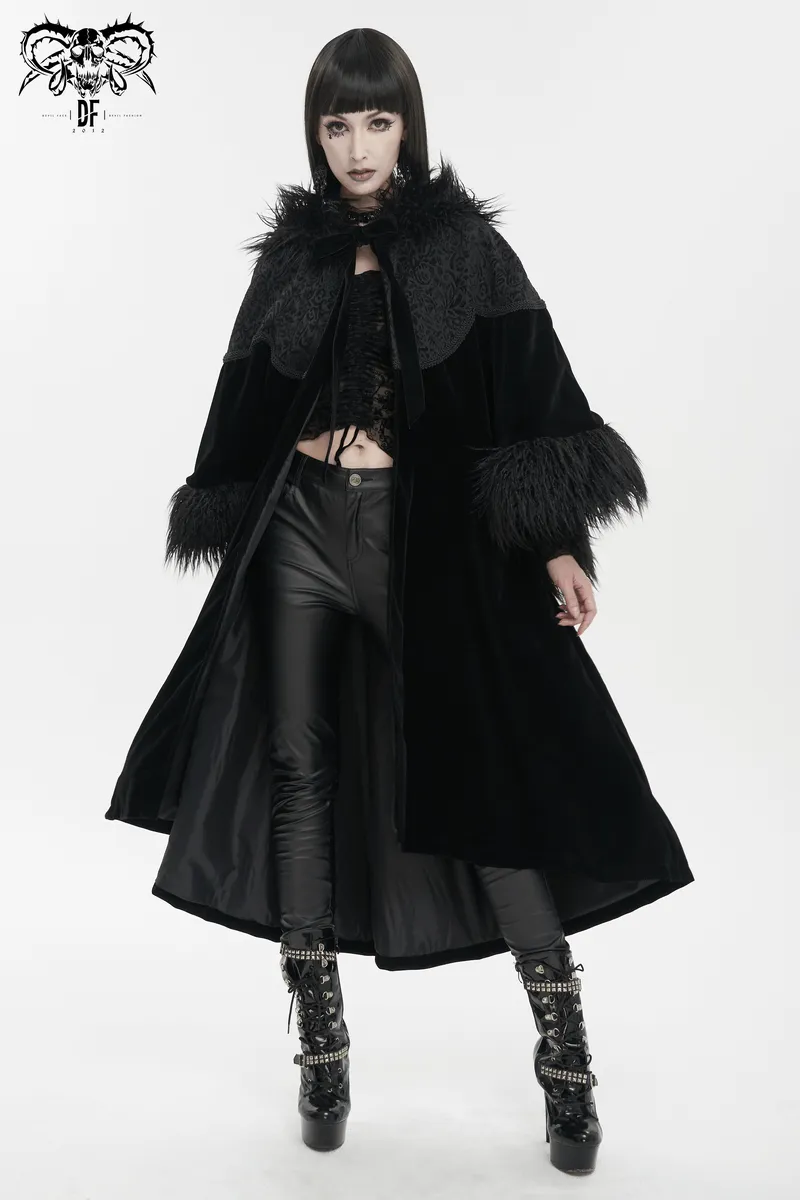 Gothic Velvet Long Cape with Fur Hood / Fashion Wide Sleeves Warm Cape