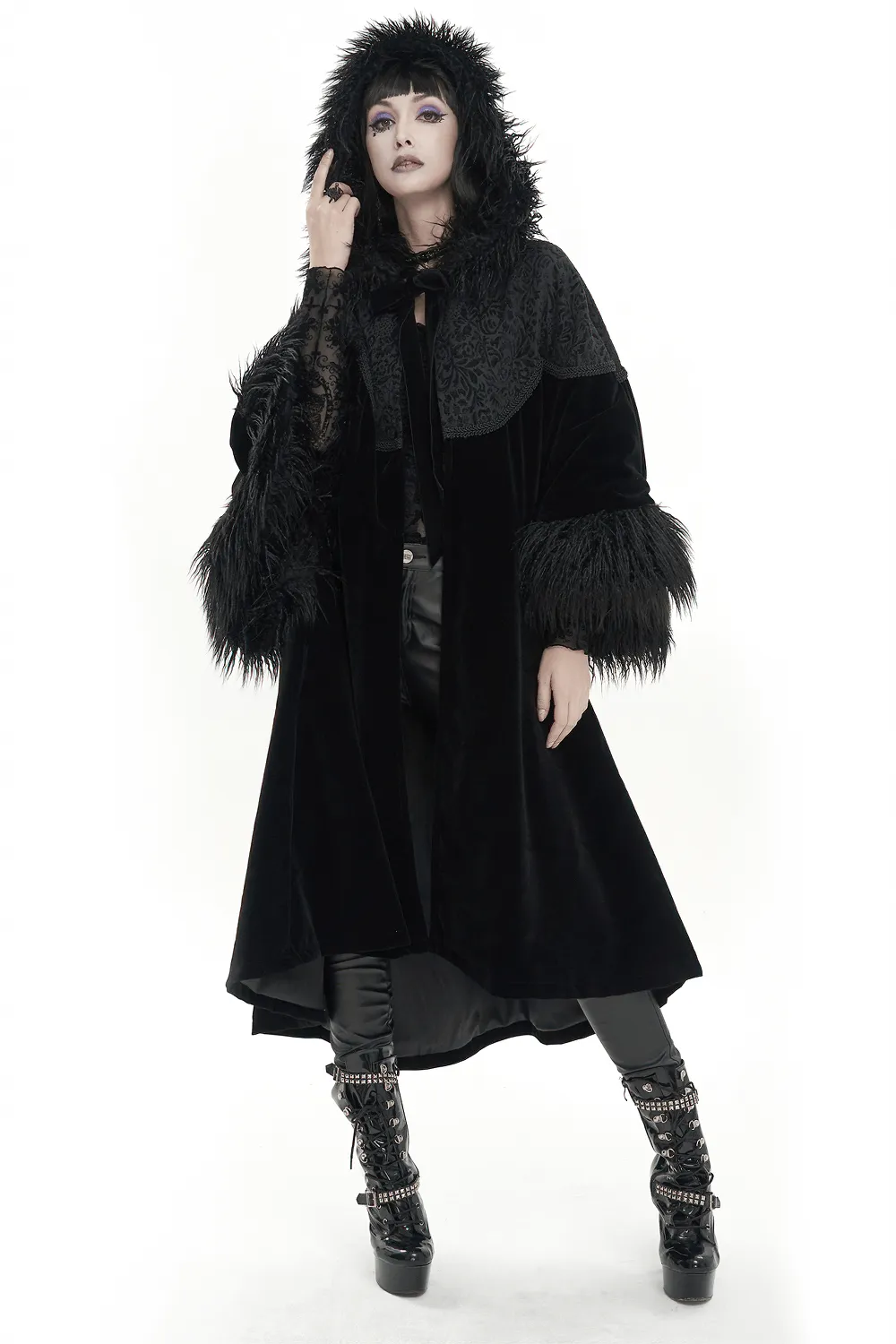 Gothic Velvet Long Cape with Fur Hood / Fashion Wide Sleeves Warm Cape