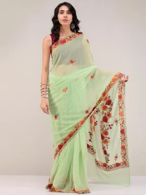 Green Aari Embroidered Georgette Saree From Kashmir - S031704672