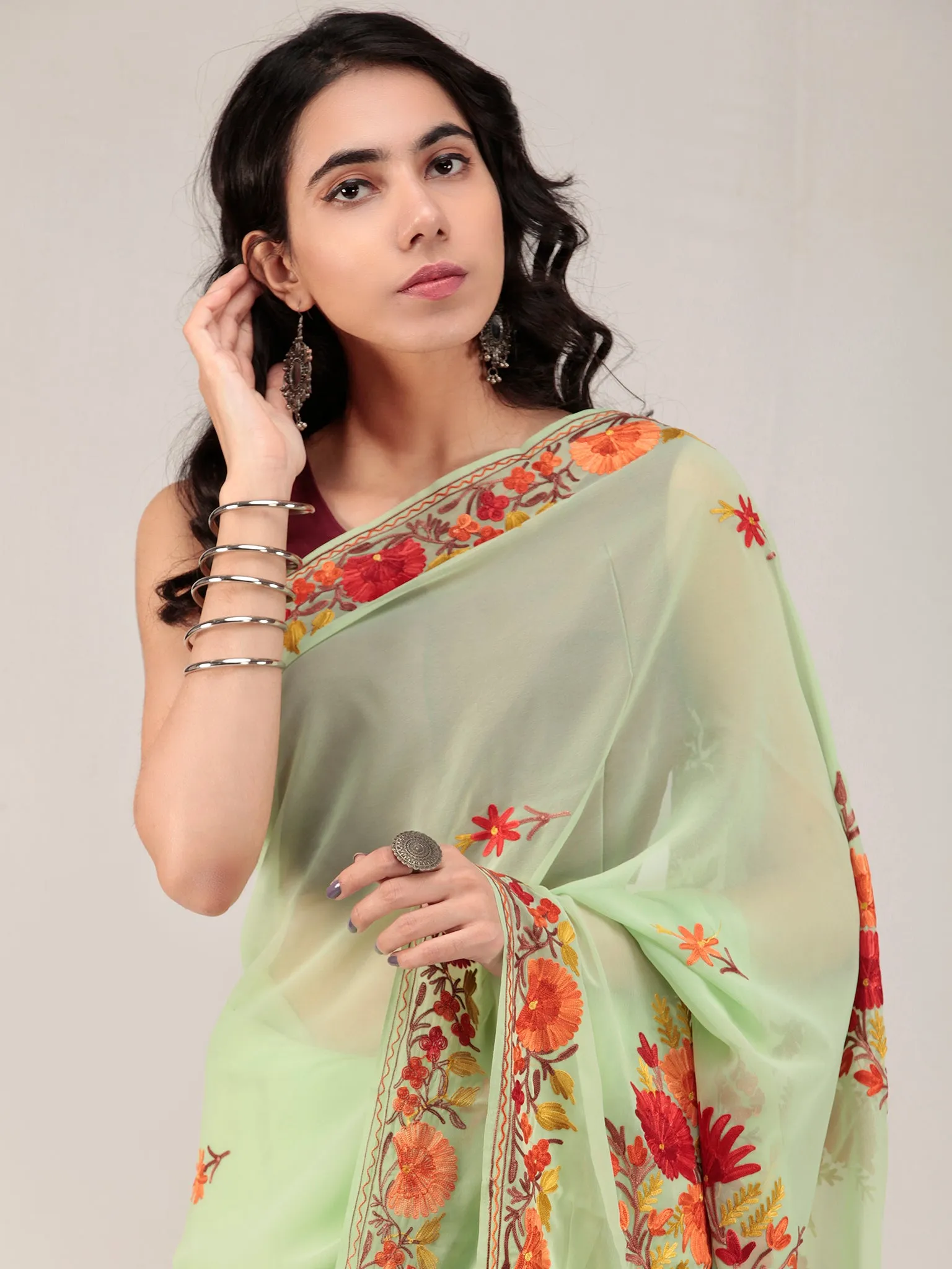 Green Aari Embroidered Georgette Saree From Kashmir - S031704672