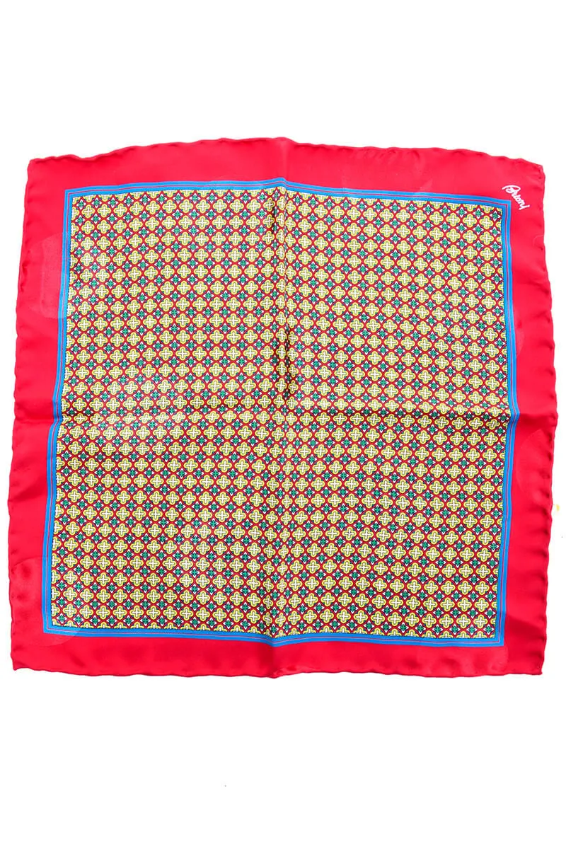 Hand Rolled Brioni Red & Yellow Abstract Silk Pocket Square