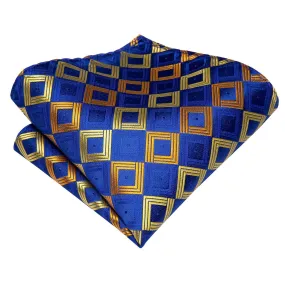 Hi-Tie Men's Handkerchief Blue Golden Hanky Plaid Tie Pocket Square