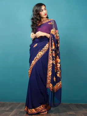 Indigo Yellow Orange Aari Embroidered Georgette Saree From Kashmir  - S031703059