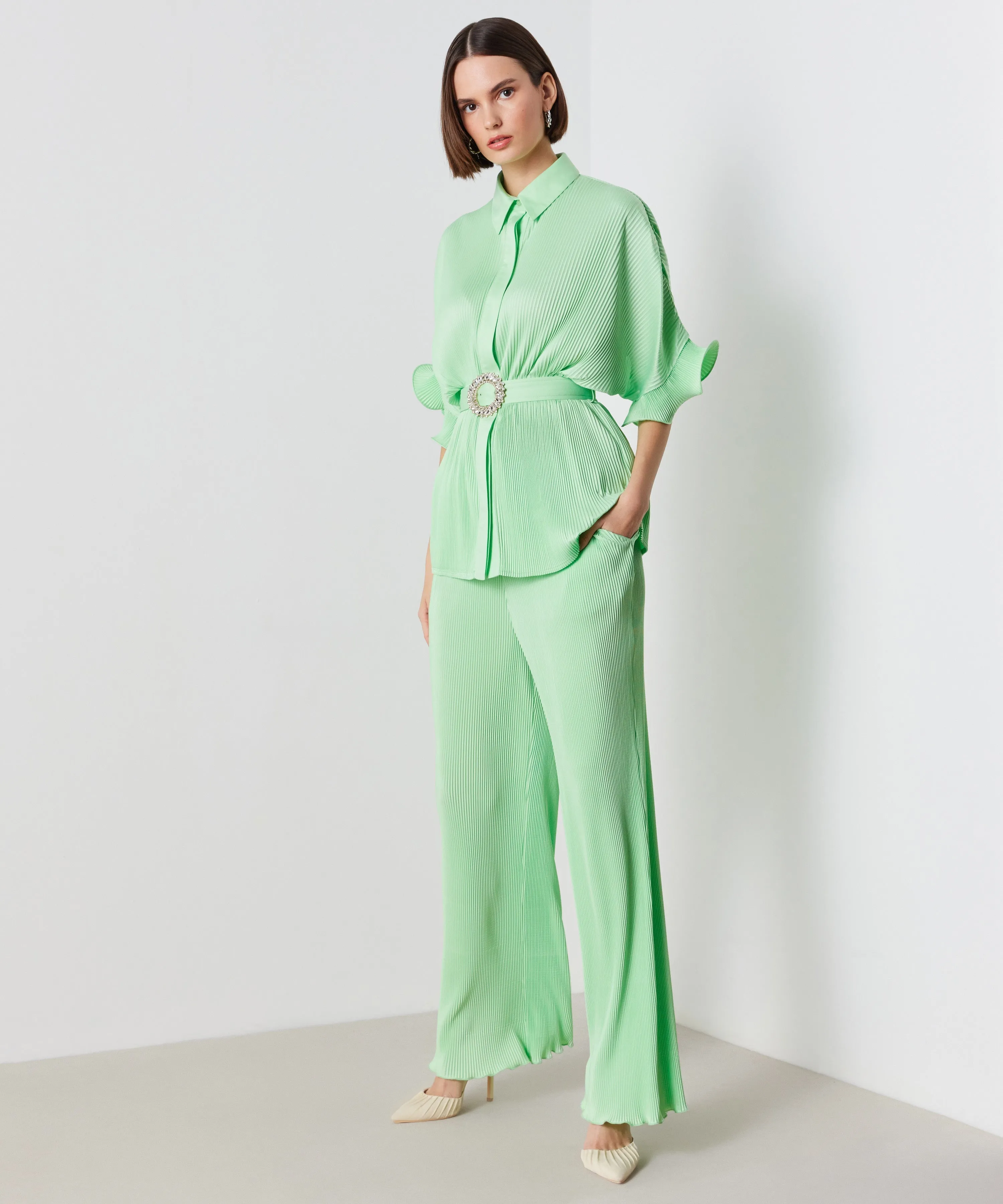 Ipekyol Solid Allover Pleated Trousers Light Green