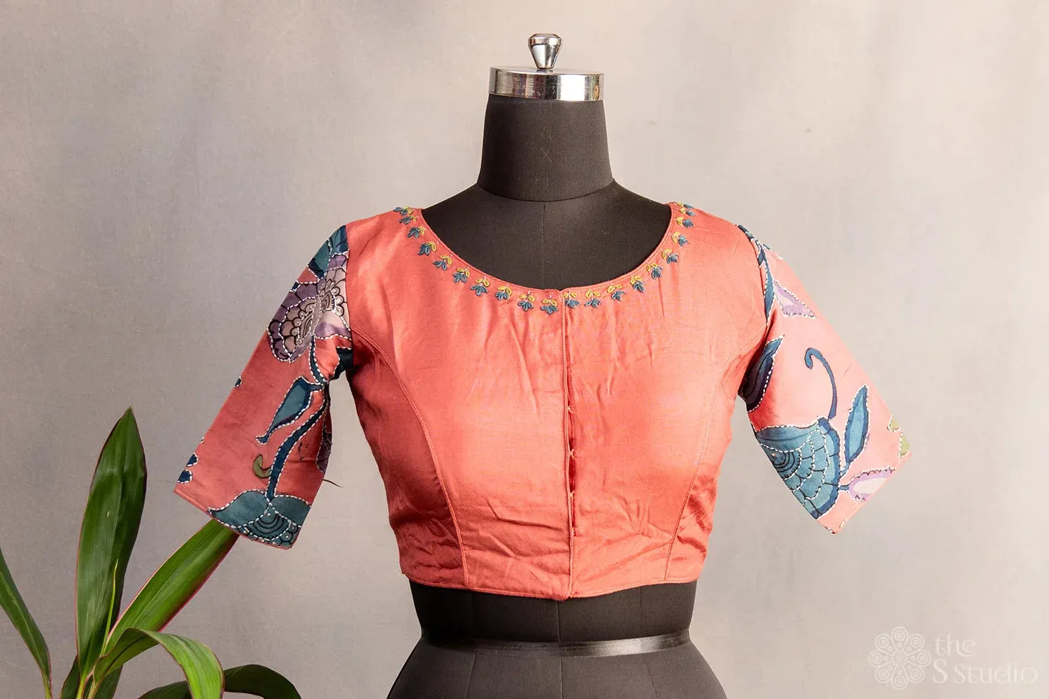 Light salmon pink embroidered silk blouse with kalamkari hand painted sleeves