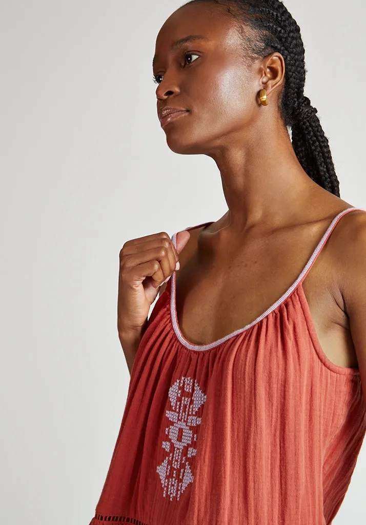 Lilly Spaghetti Strap Embroidered Cami In Brown