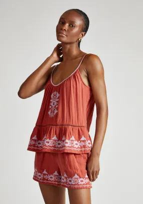 Lilly Spaghetti Strap Embroidered Cami In Brown