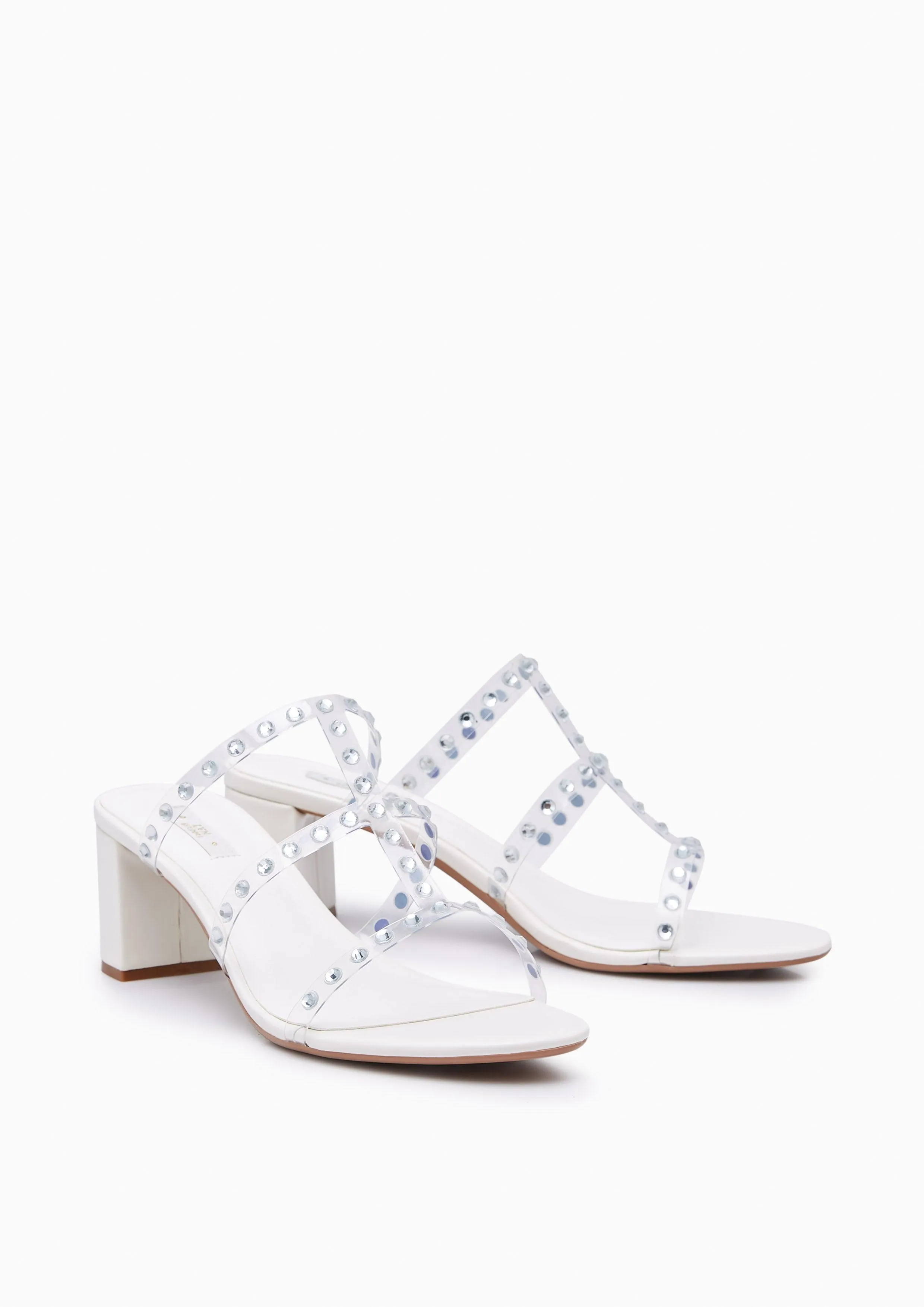 Linda Crystal Low Heel Sandals White