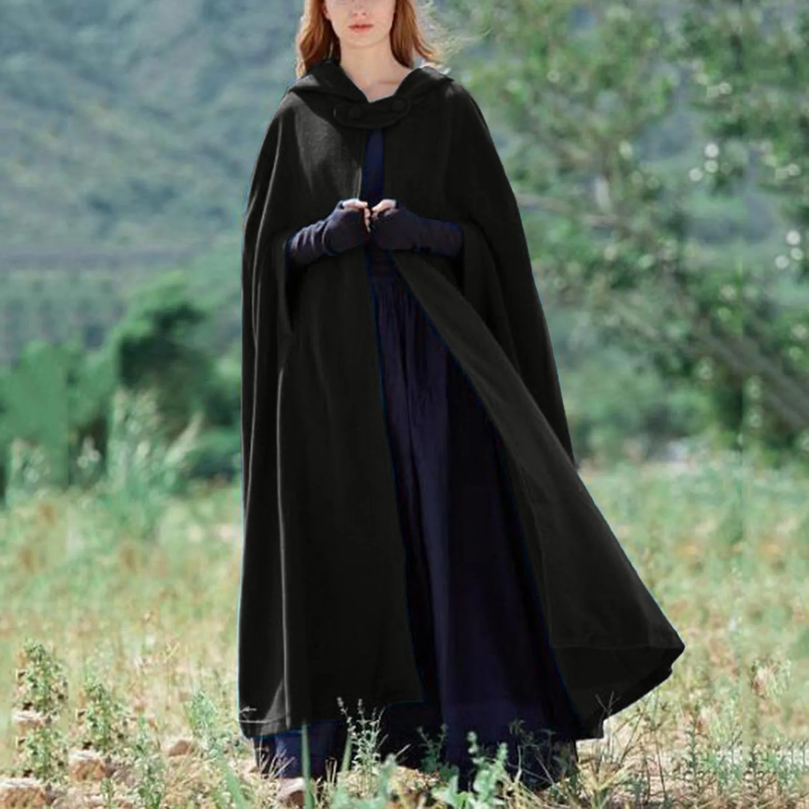 Long Winter Button-Closure Cloak