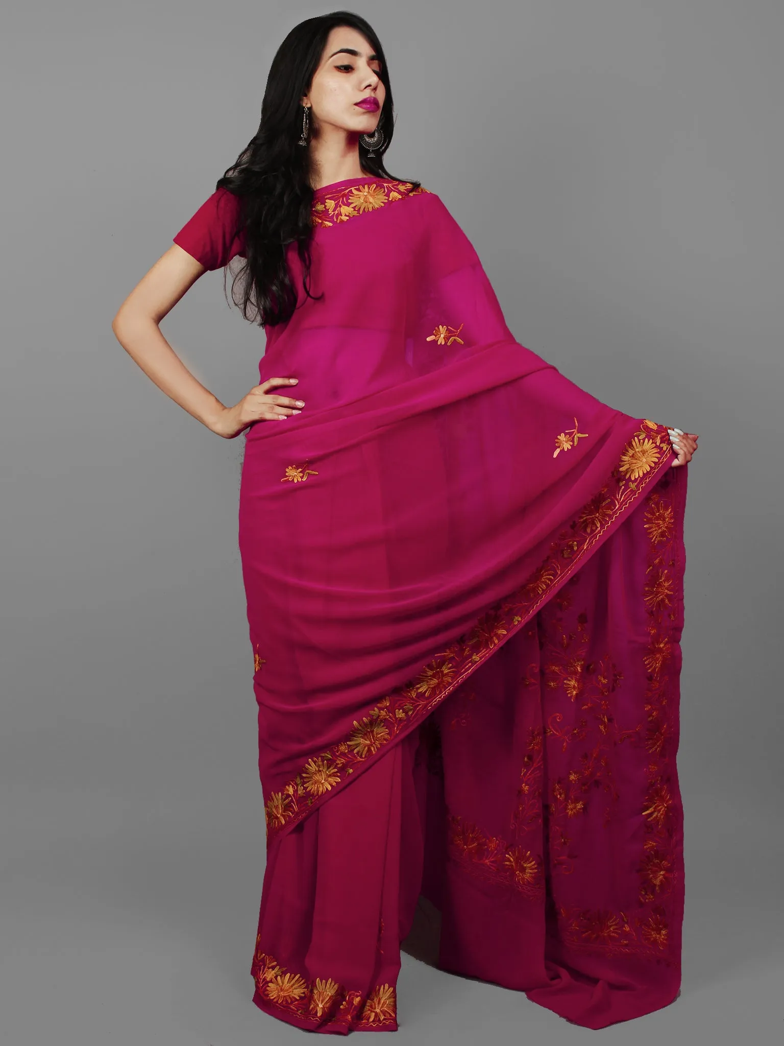 Magenta Golden Yellow Aari Embroidered Georgette Saree From Kashmir  - S031702141