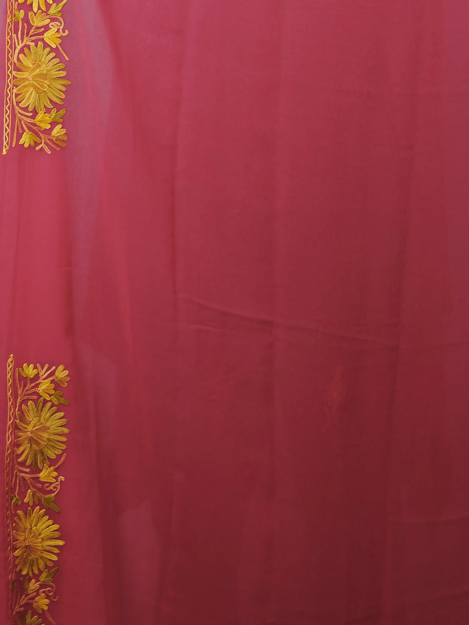 Magenta Golden Yellow Aari Embroidered Georgette Saree From Kashmir  - S031702141