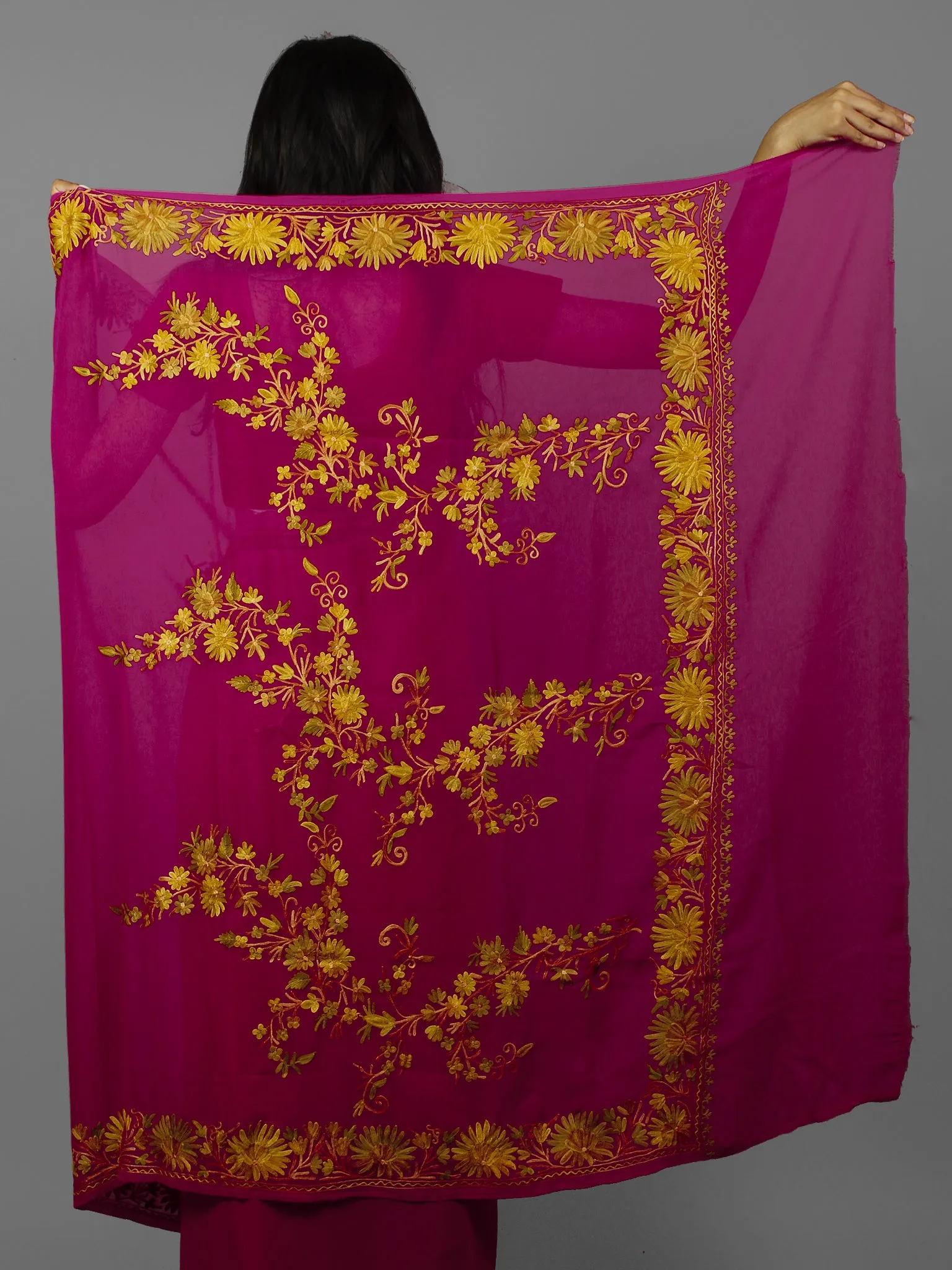 Magenta Golden Yellow Aari Embroidered Georgette Saree From Kashmir  - S031702141