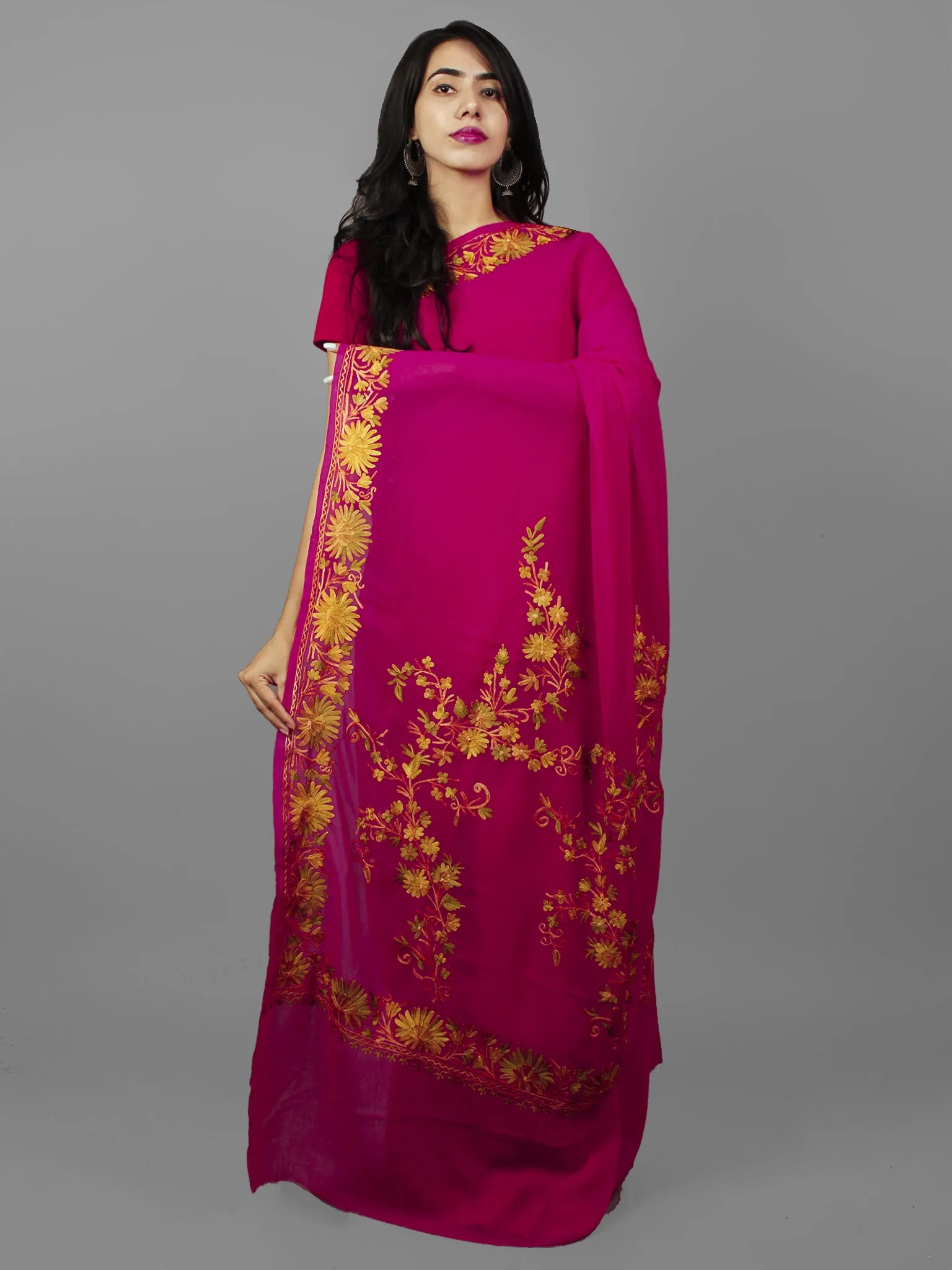 Magenta Golden Yellow Aari Embroidered Georgette Saree From Kashmir  - S031702141