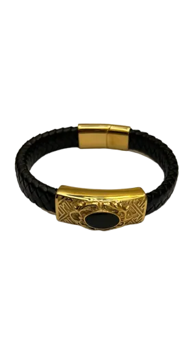 Men's Black Leather and Gold Bracelet Luxury Fashion Design