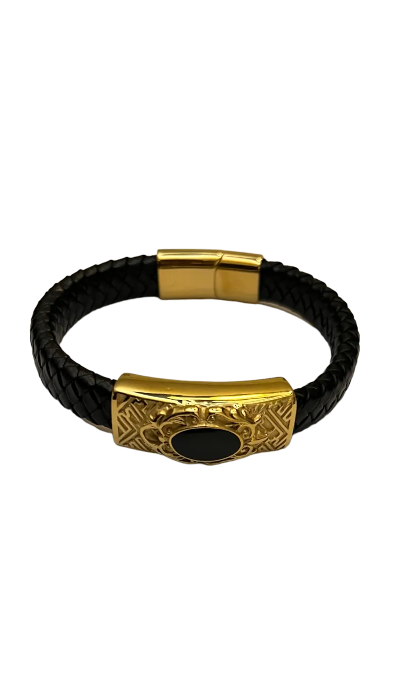 Men's Black Leather and Gold Bracelet Luxury Fashion Design