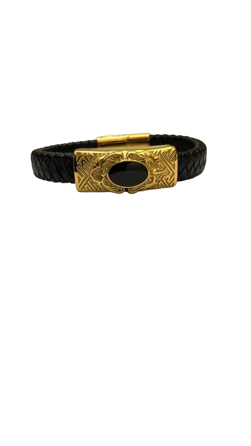 Men's Black Leather and Gold Bracelet Luxury Fashion Design