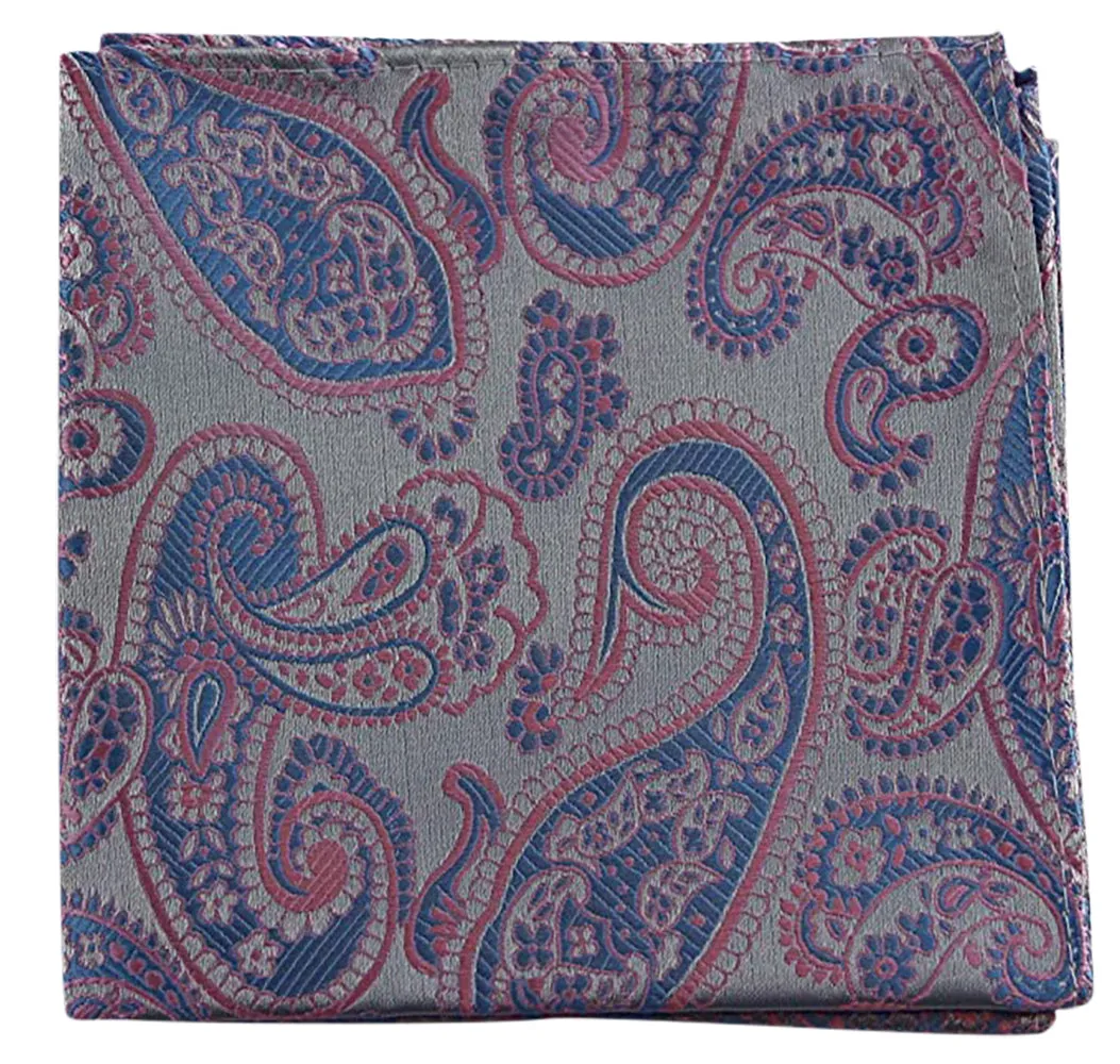 Mens Silver & Light Pink Paisley Silk Pocket Square