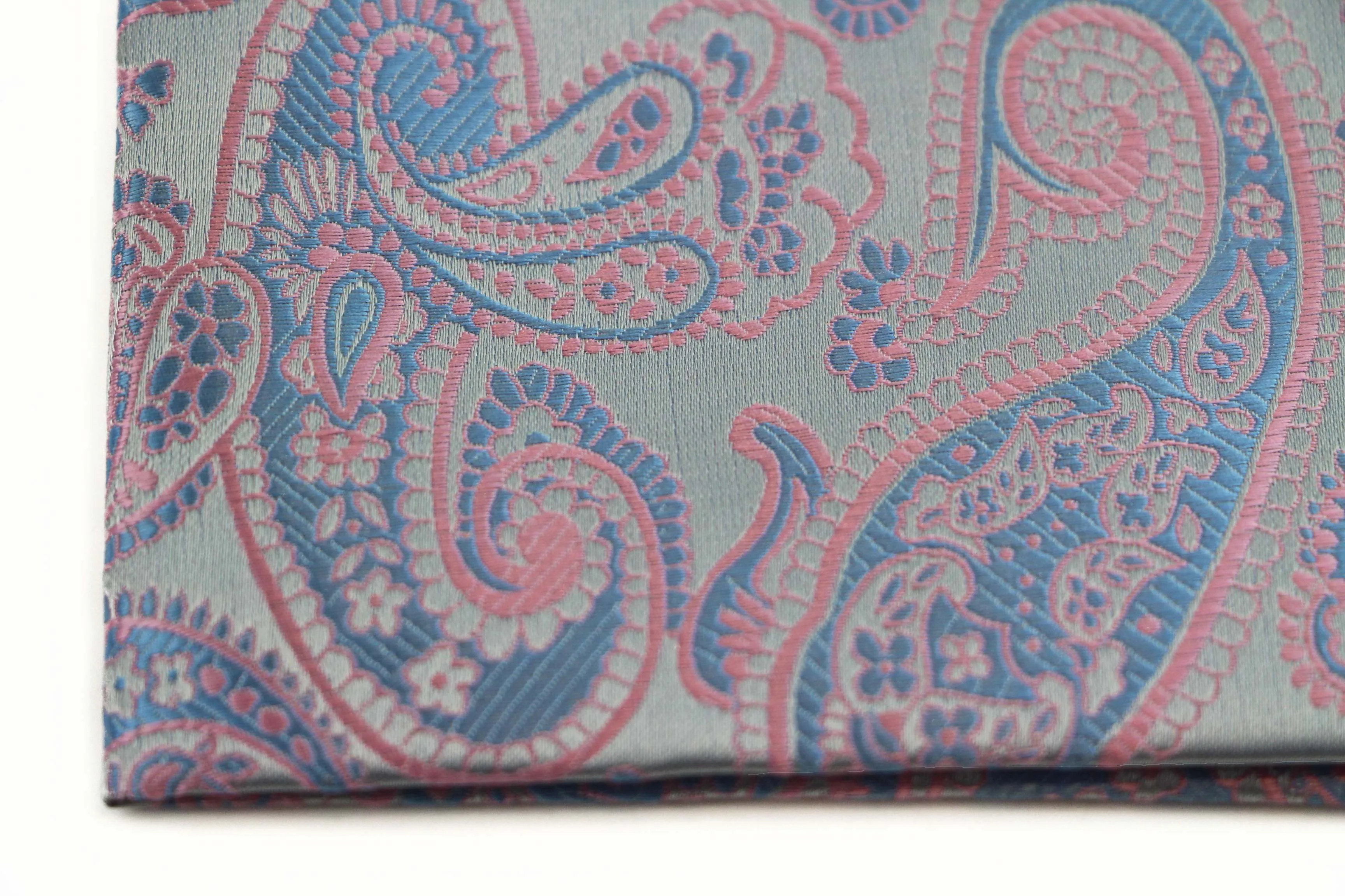 Mens Silver & Light Pink Paisley Silk Pocket Square