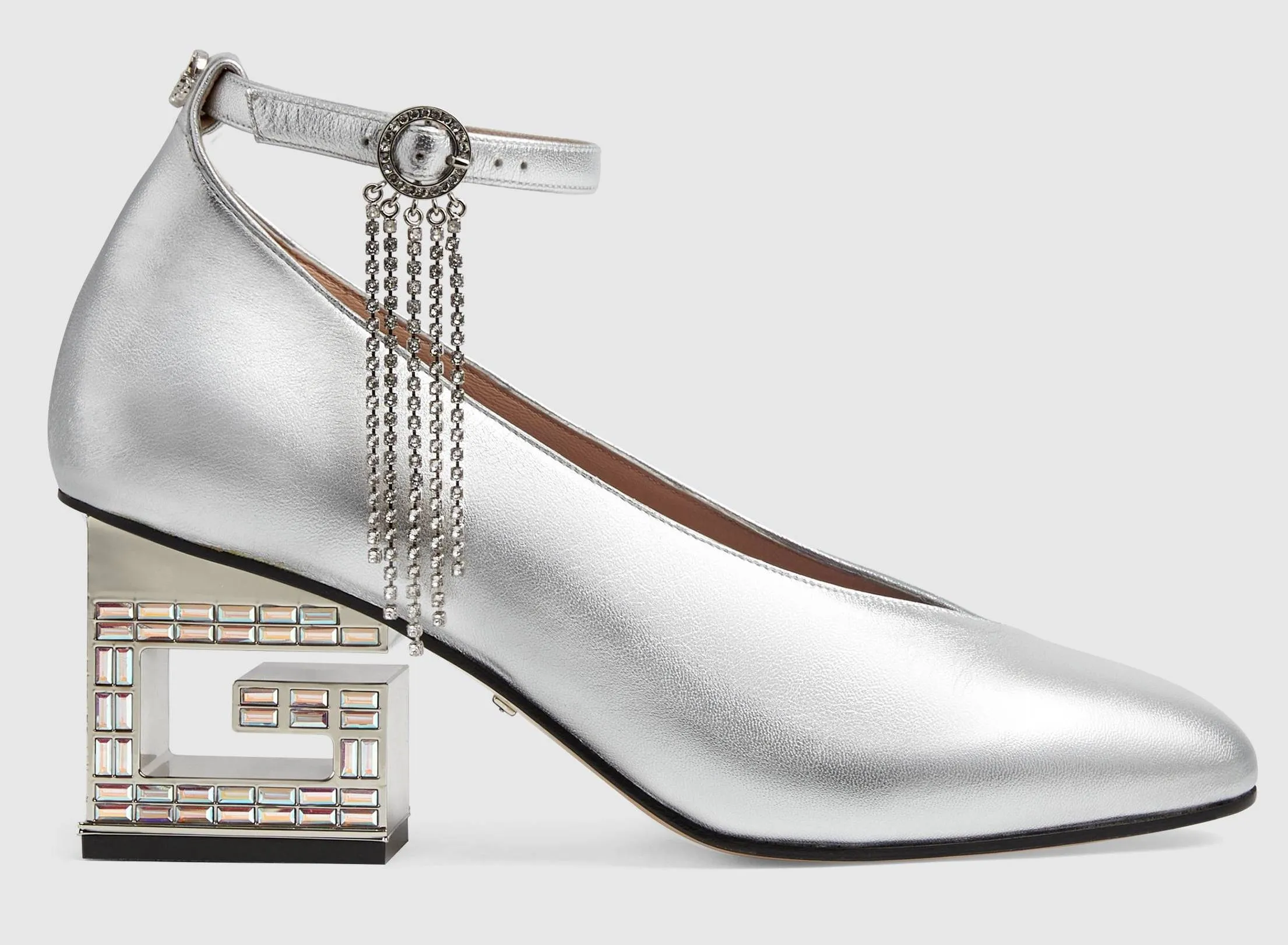 Mid-Heel Pump with Crystal G Heel, Metallic Silver