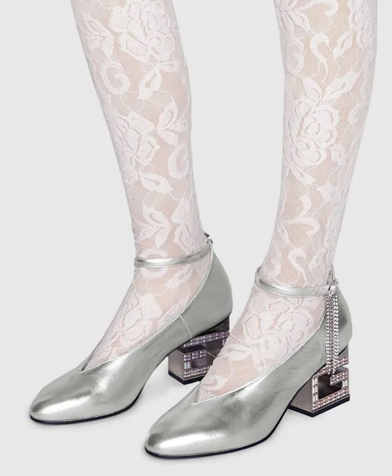 Mid-Heel Pump with Crystal G Heel, Metallic Silver