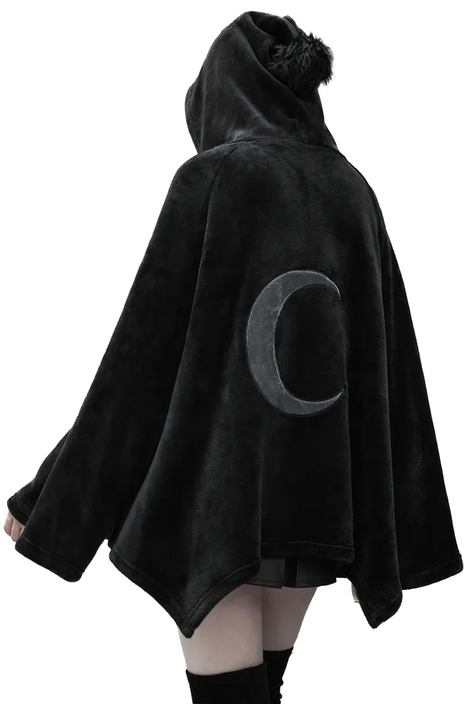 Moon Embroidered Dark Velvet Hooded Cloak Jacket