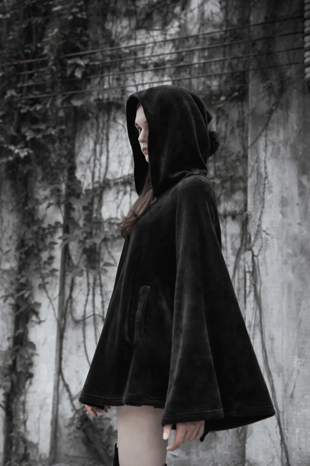 Moon Embroidered Dark Velvet Hooded Cloak Jacket