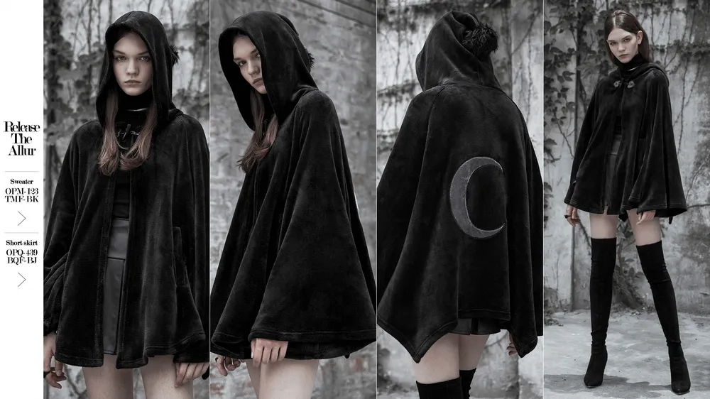 Moon Embroidered Dark Velvet Hooded Cloak Jacket