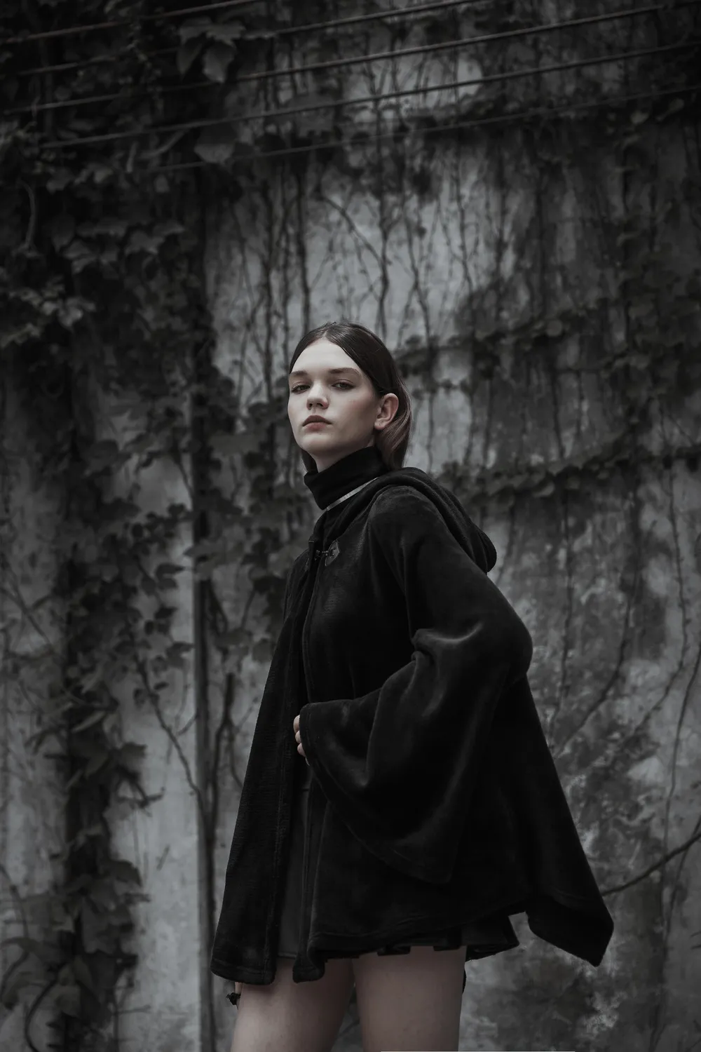 Moon Embroidered Dark Velvet Hooded Cloak Jacket