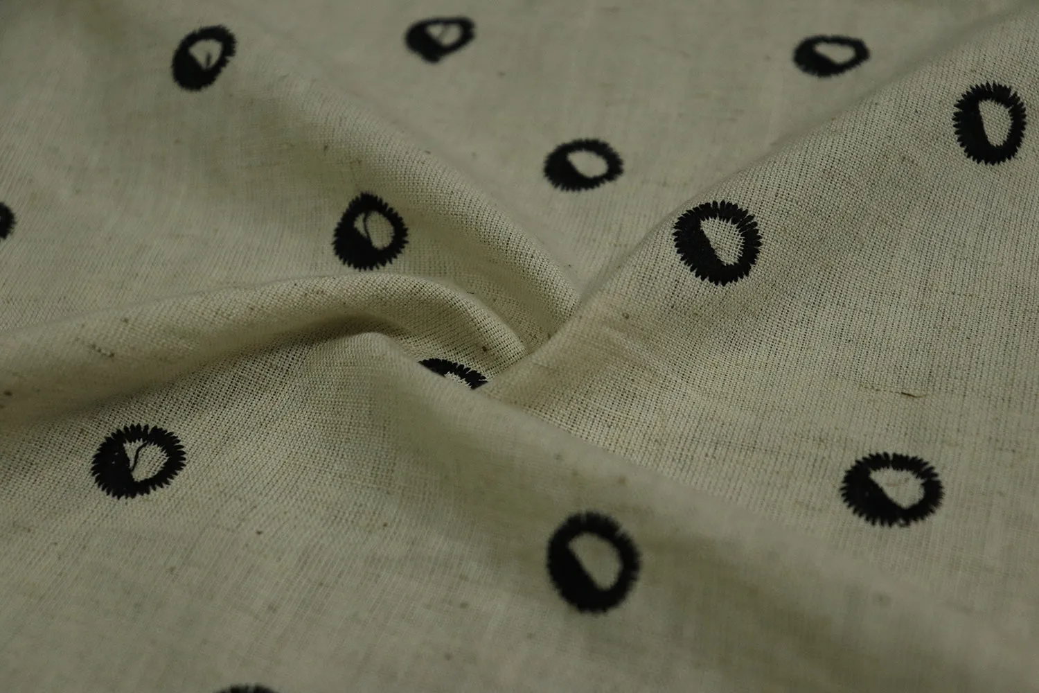 Natural Beige & Black Motifs Cotton Flax Fabric