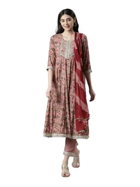 Neerus Women Floral Printed Pleated Zardozi Kurta with Trousers & Dupatta