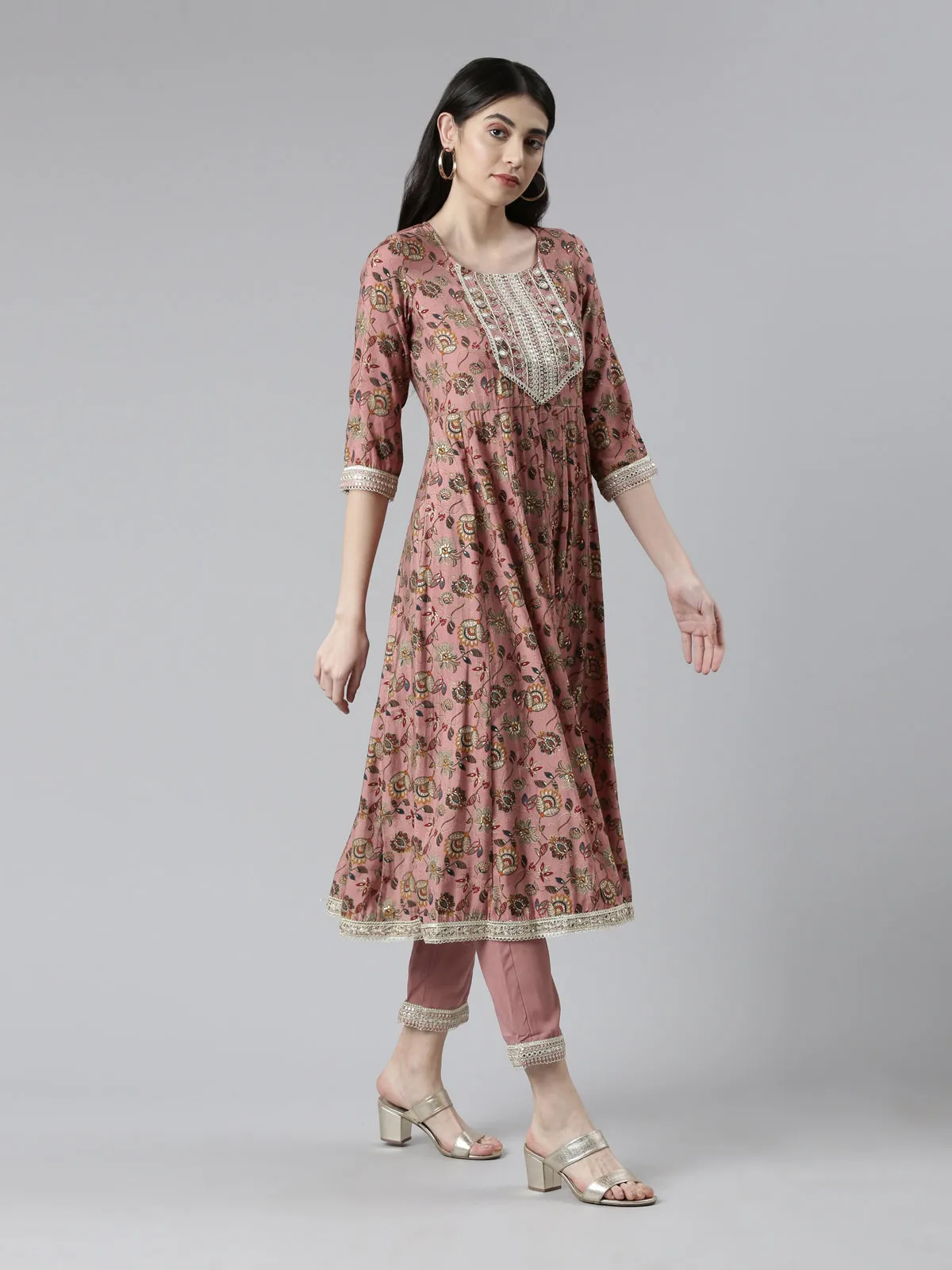 Neerus Women Floral Printed Pleated Zardozi Kurta with Trousers & Dupatta