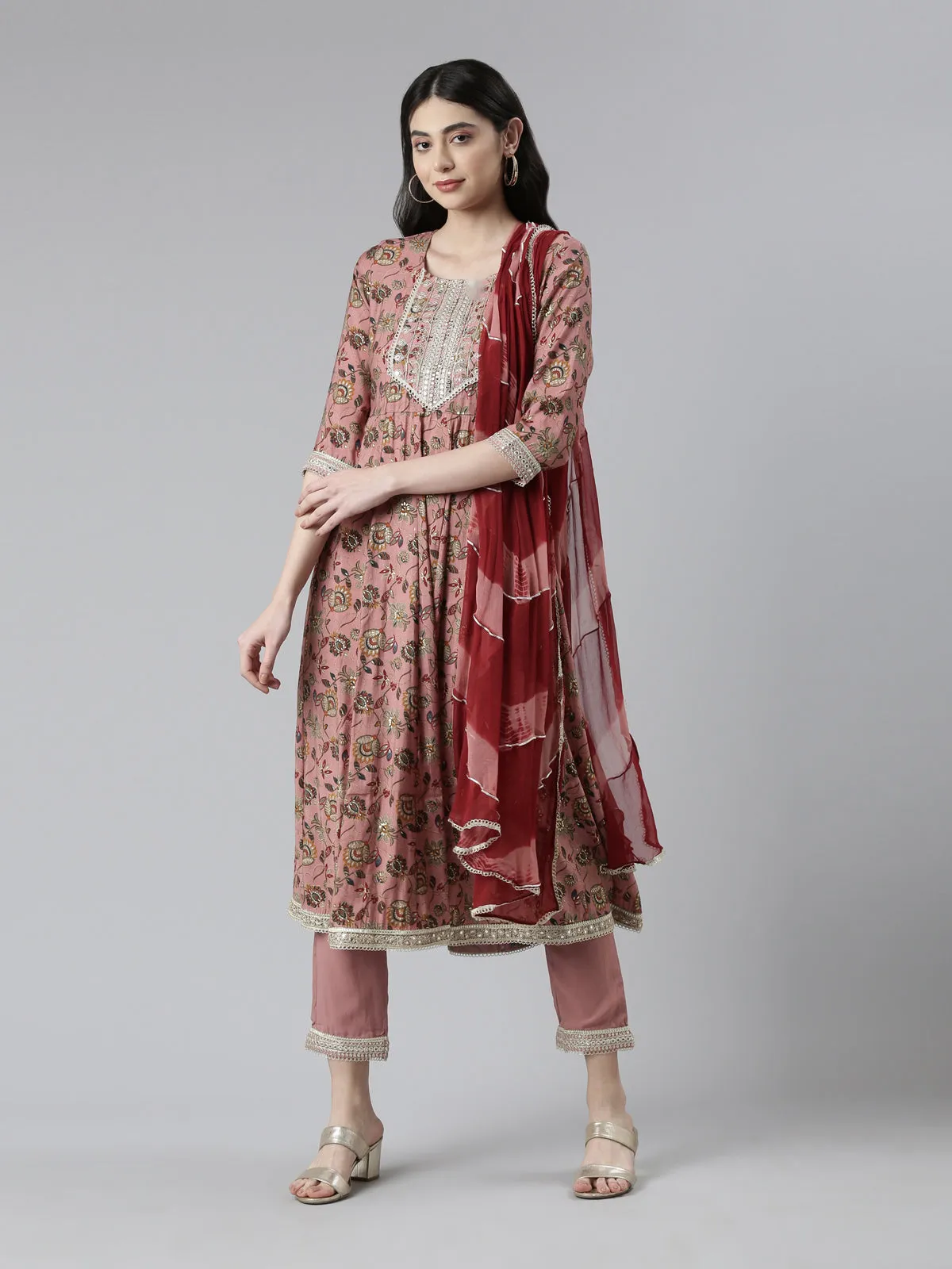 Neerus Women Floral Printed Pleated Zardozi Kurta with Trousers & Dupatta