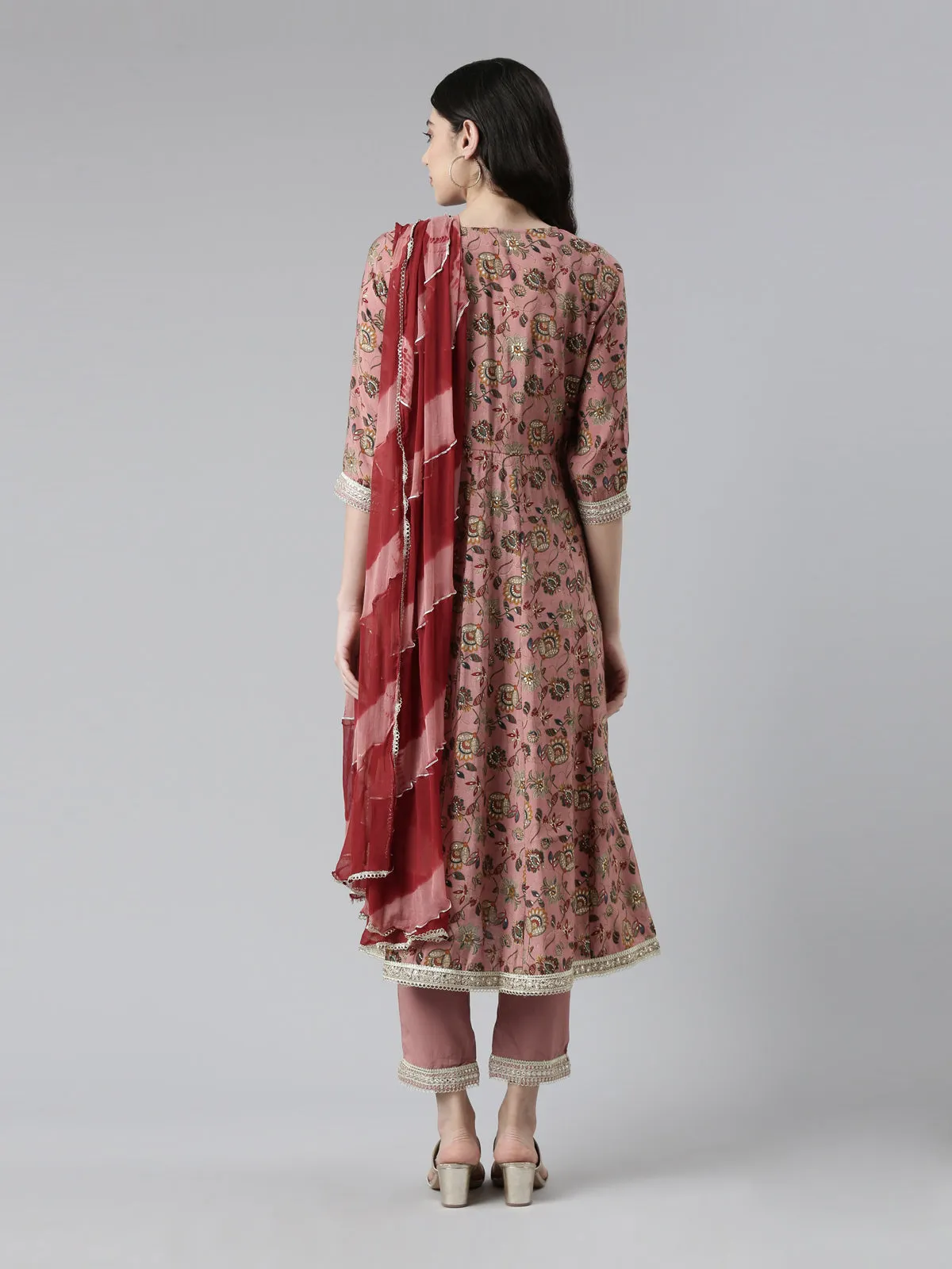 Neerus Women Floral Printed Pleated Zardozi Kurta with Trousers & Dupatta