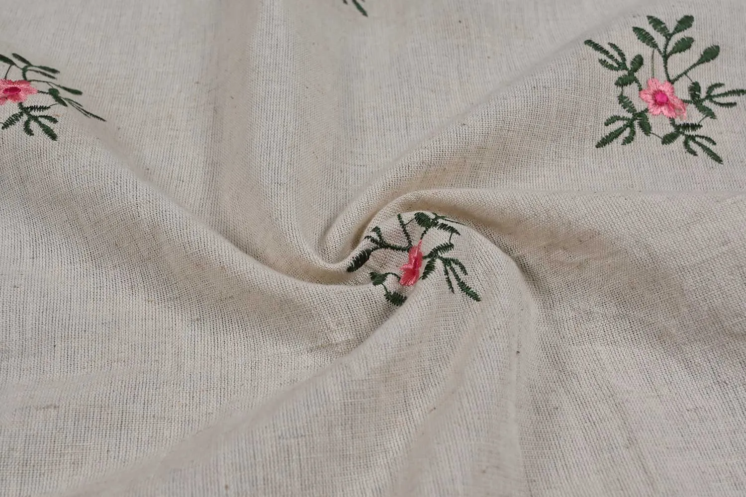 Off White Floral Embroidered Cotton Flax Fabric