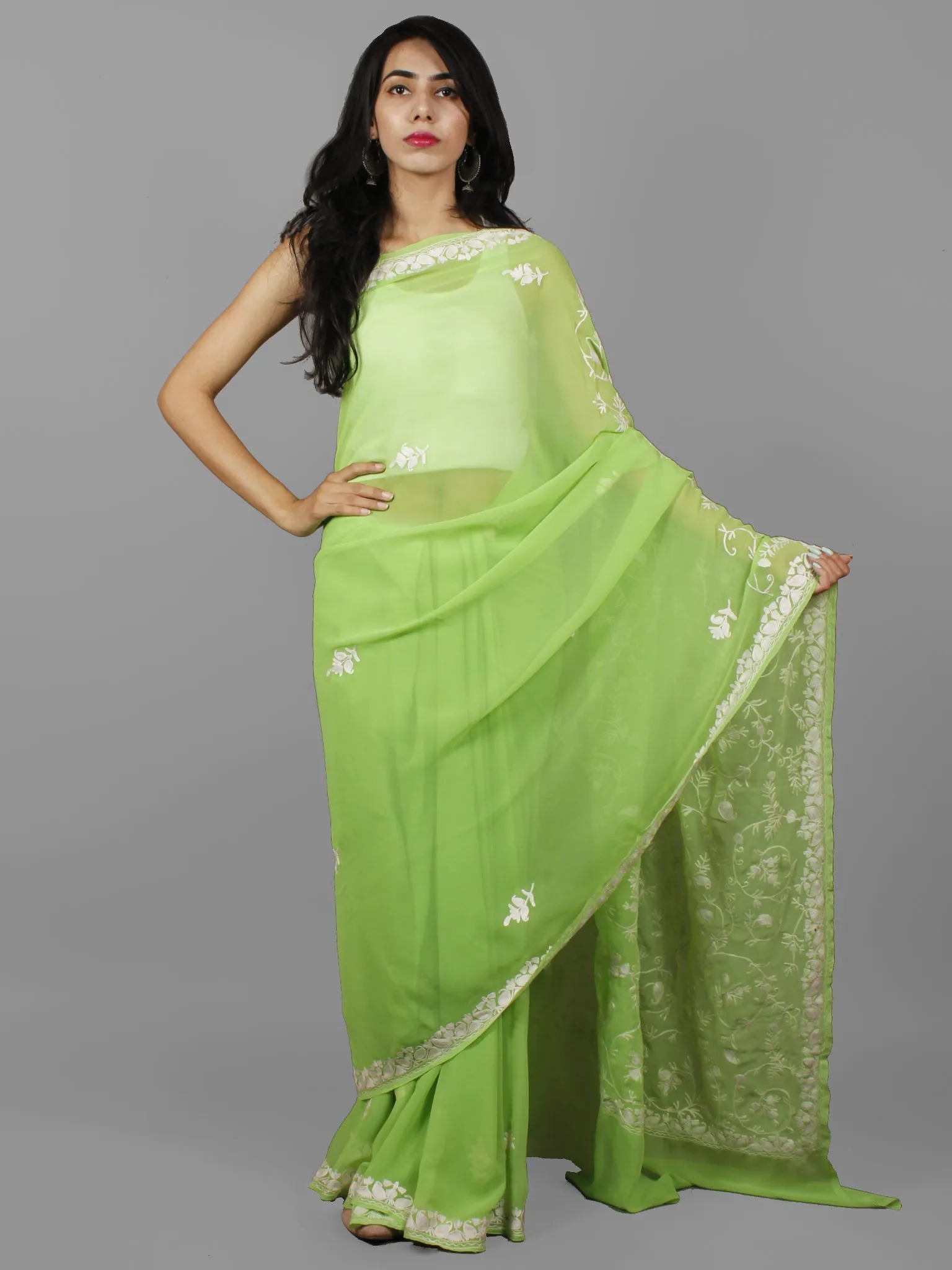 Pastel Green White Aari Embroidered Chiffon Saree From Kashmir  - S031702133