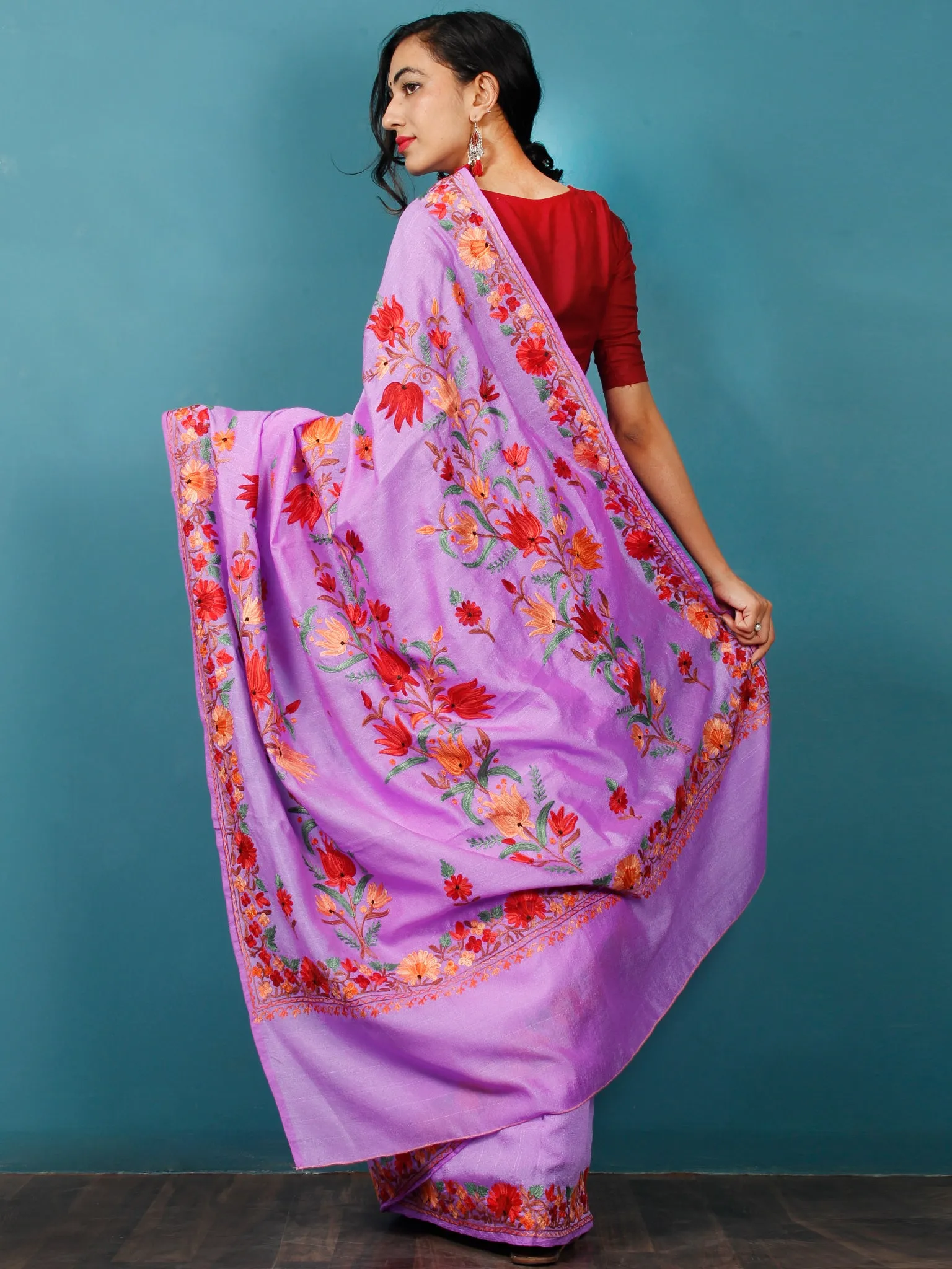 Pastel Lavender Red Green Aari Embroidered Bhagalpuri Silk Saree From Kashmir  - S031703052