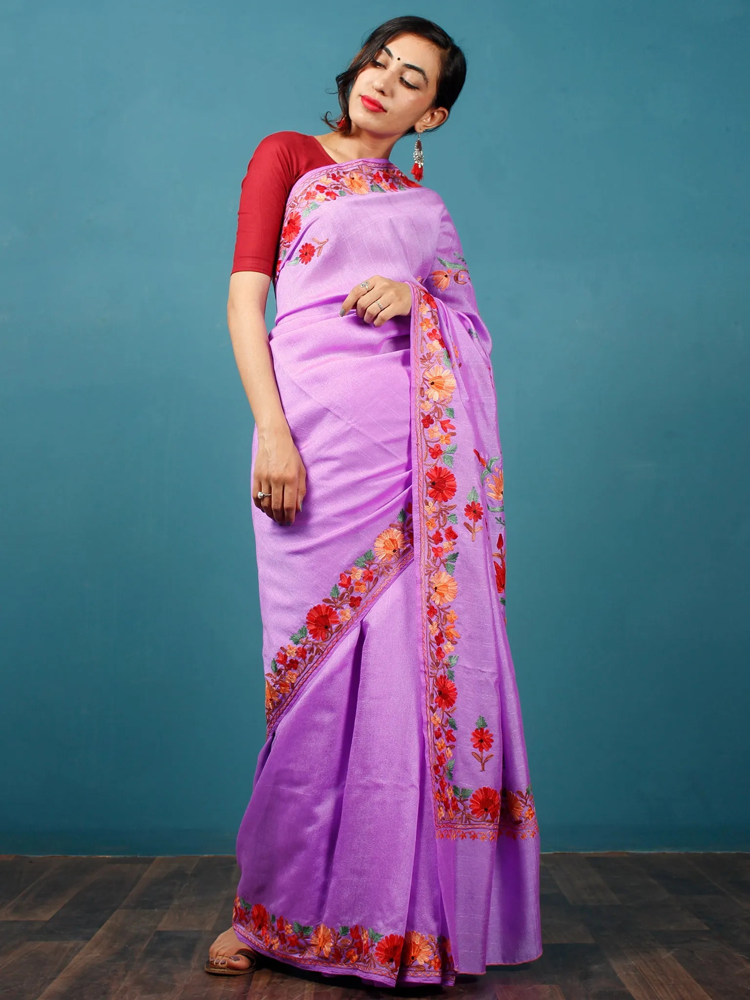 Pastel Lavender Red Green Aari Embroidered Bhagalpuri Silk Saree From Kashmir  - S031703052